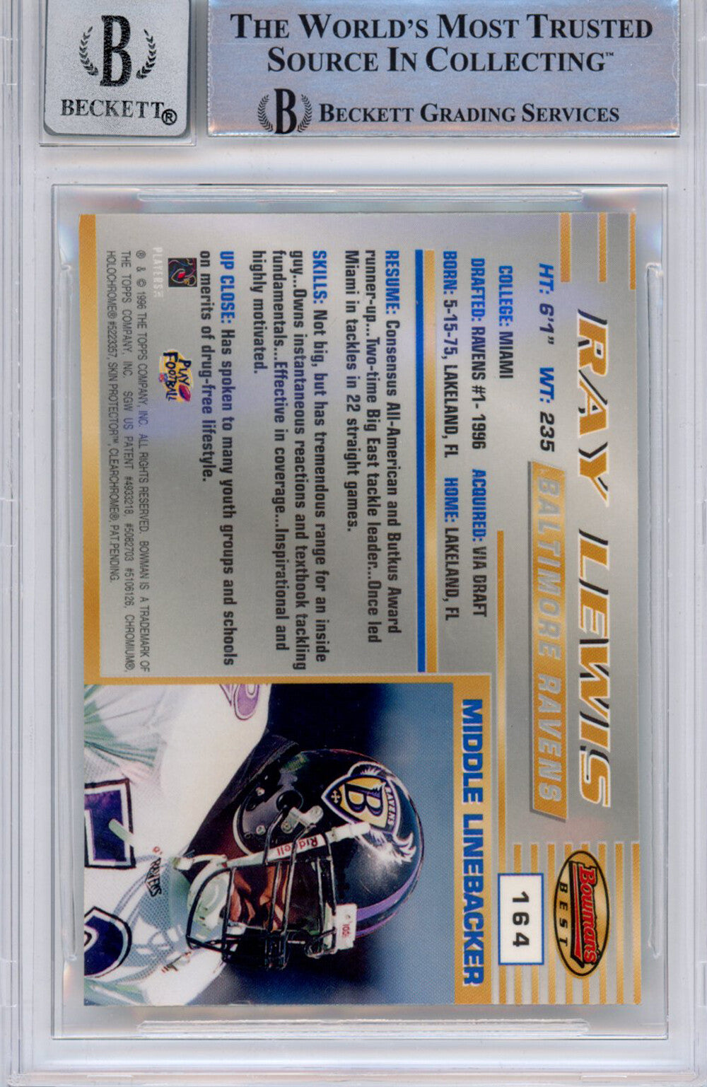 Ray Lewis Signed 1996 Bowman's Best #164 Card Grade 10 BAS Slabbed