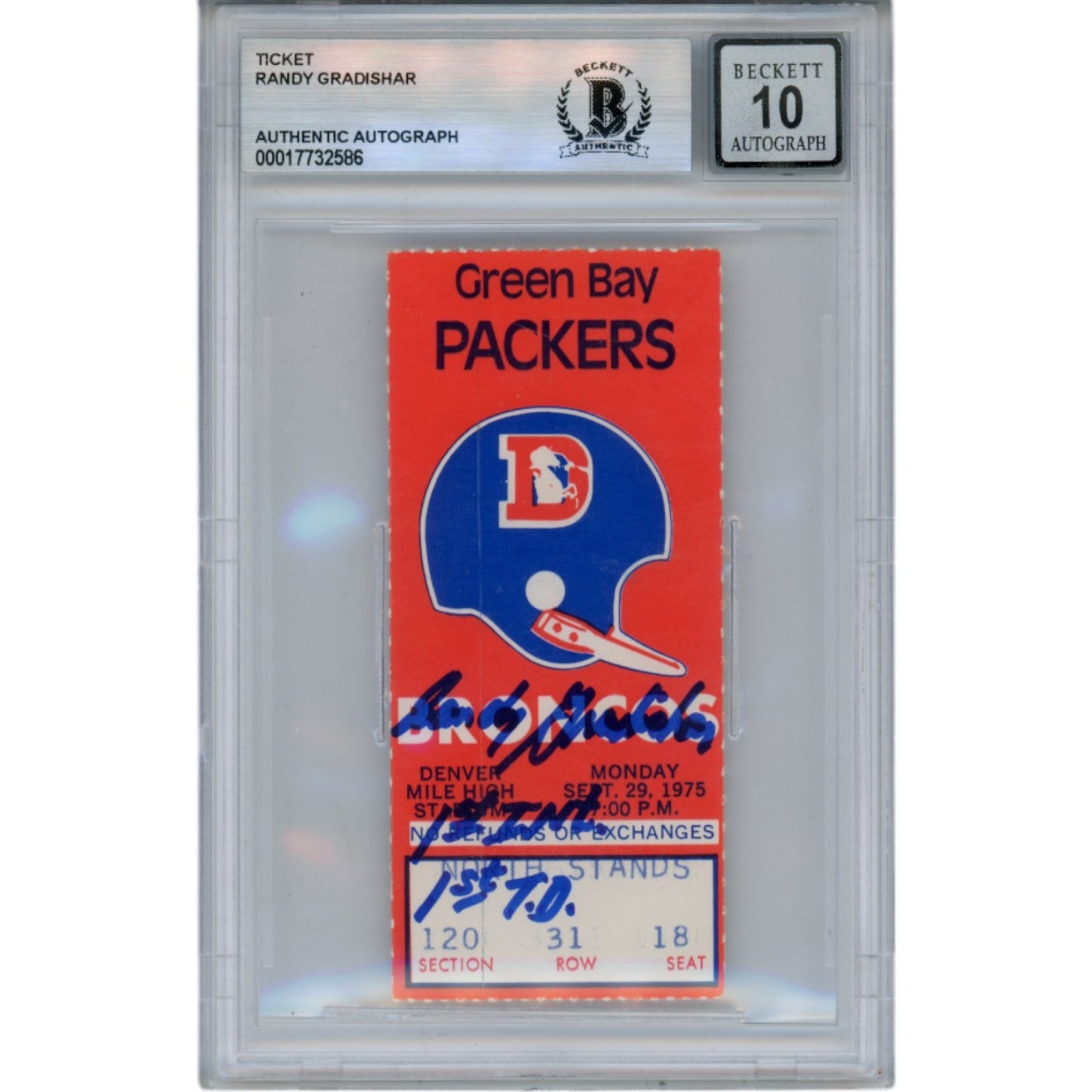 Randy Gradishar Signed 1975 Broncos vs Packers Ticket Stub (1st INT) BAS Slab
