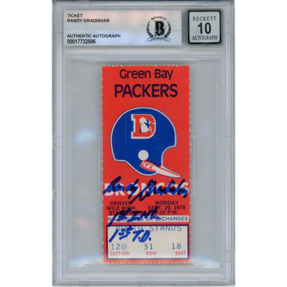 Randy Gradishar Signed 1975 Broncos vs Packers Ticket Stub (1st INT) BAS Slab