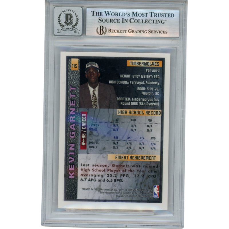 Kevin Garnett Autographed 1995-96 Topps Finest #115 Trading Card