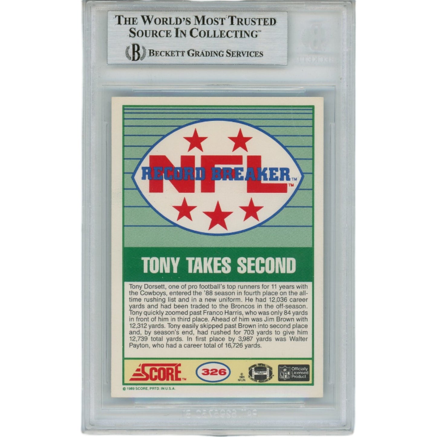Tony Dorsett Signed 1989 Score #326 Trading Card (BAS Slabbed)