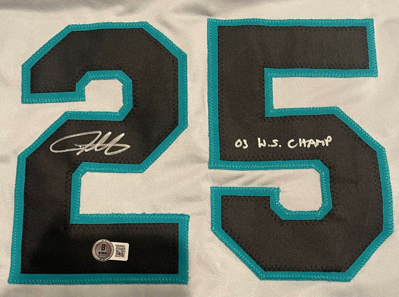 Derrek Lee Autographed Florida Marlins Custom Jersey ('03 WS Champs)