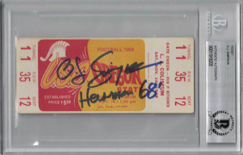 O.J. Simpson Signed 1968 USC Trojans vs Oregon State Ticket Heisman 68