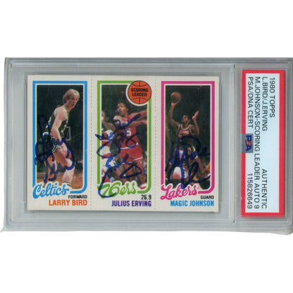 Larry Bird, Magic Johnson & Julius Erving Signed 1980 Topps PSA Graded Card