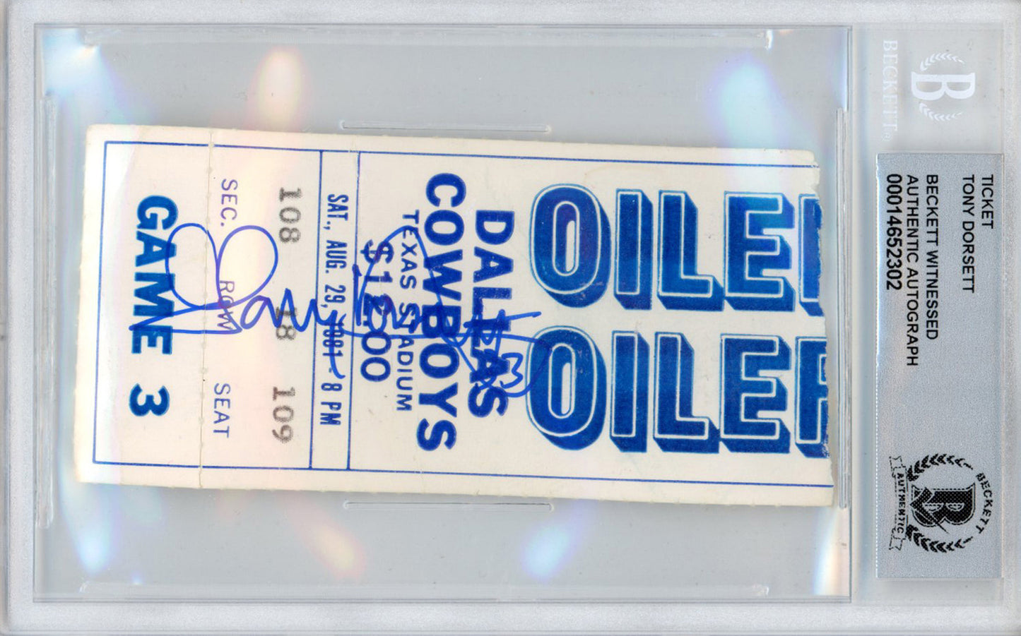 Tony Dorsett Autographed 1981 Ticket Stub vs Oilers Beckett Slab