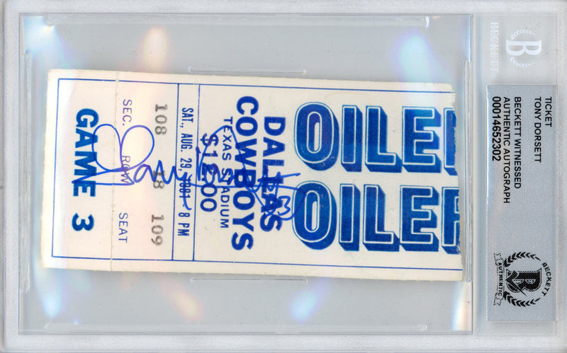 Tony Dorsett Autographed 1981 Ticket Stub vs Oilers Beckett Slab