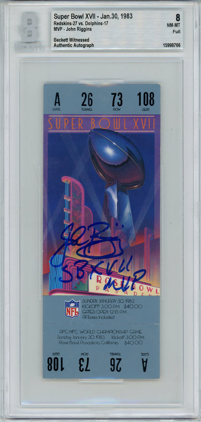 John Riggins Signed Super Bowl XVII Ticket Stub SB XVII MVP Grade 8 BAS