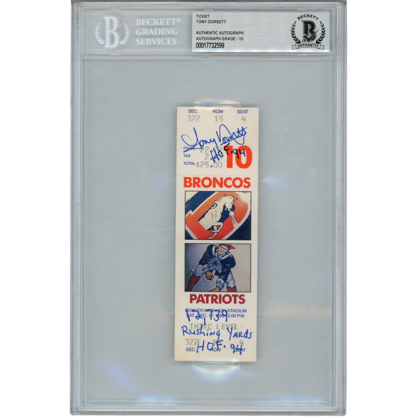 Tony Dorsett Signed Denver Broncos 12/17/88 Authenticated Ticket Stub