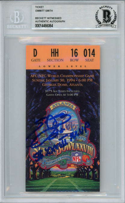 Emmitt Smith Signed Super Bowl XXVIII Ticket Stub (SB MVP) Beckett Slabbed