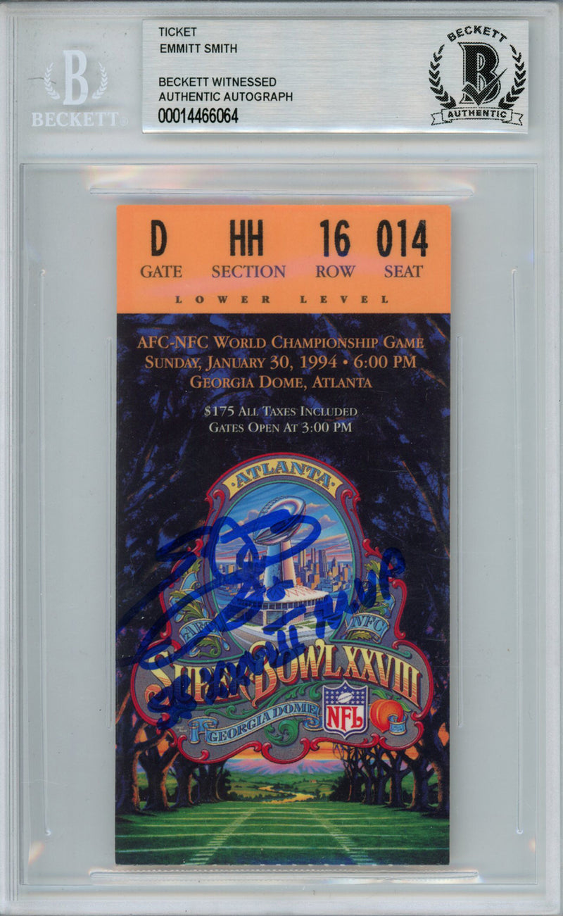 Emmitt Smith Signed Super Bowl XXVIII Ticket Stub (SB MVP) Beckett Slabbed