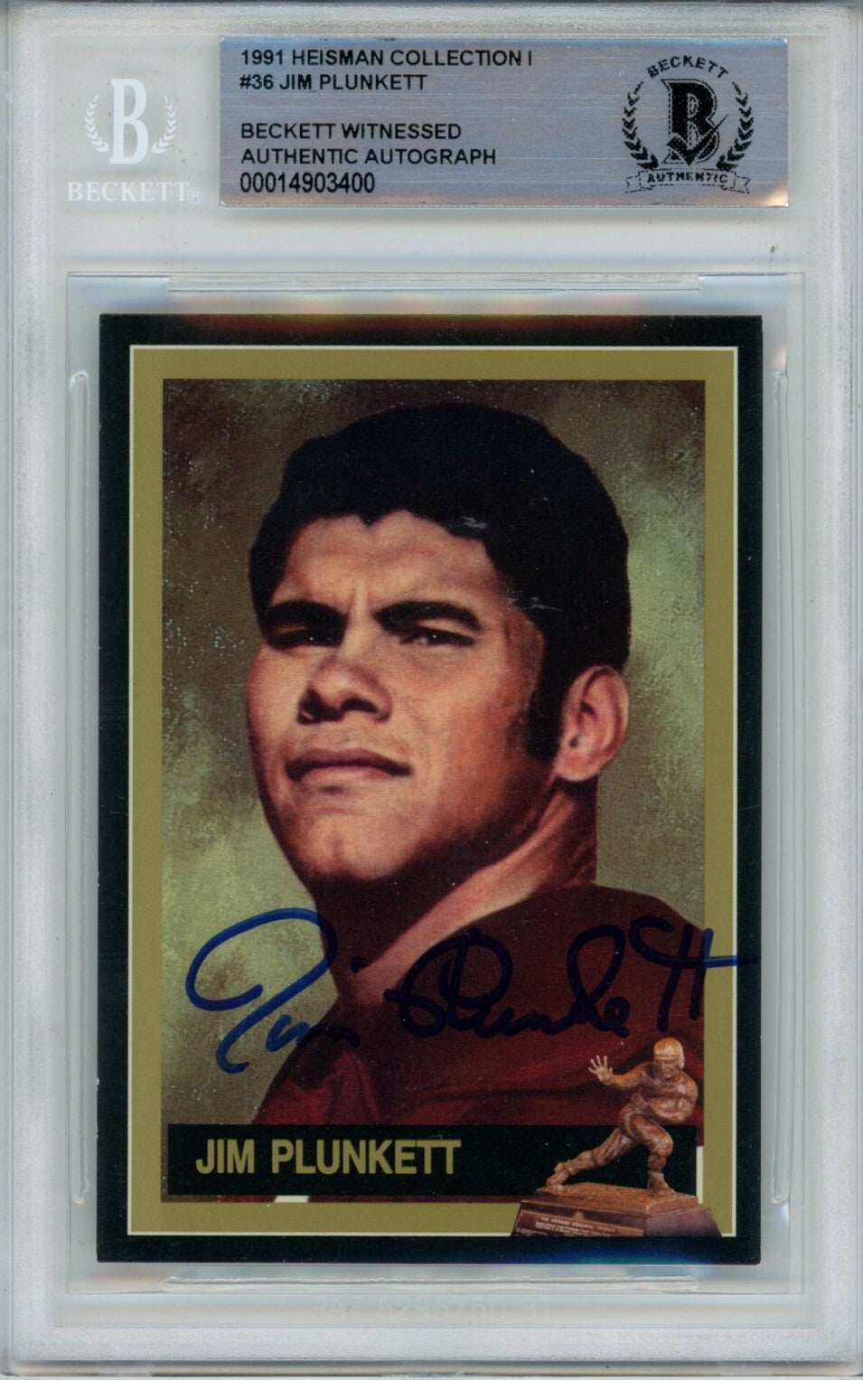 Jim Plunkett Signed Stanford Cardinal 1991 Heisman Card - Beckett Slab