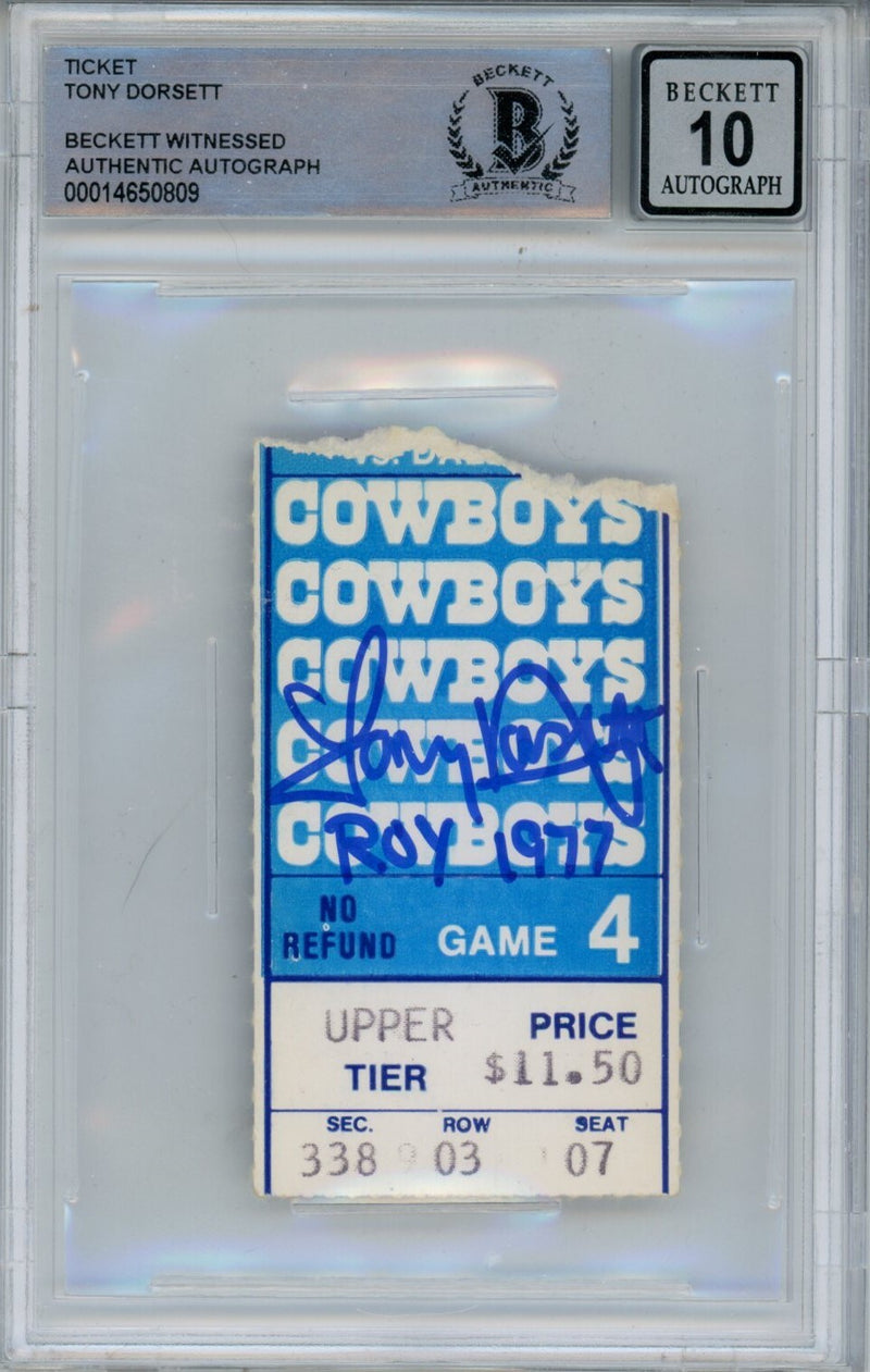 Tony Dorsett Signed Dallas Cowboys 1977 Ticket Stub (ROY Inscription) BAS