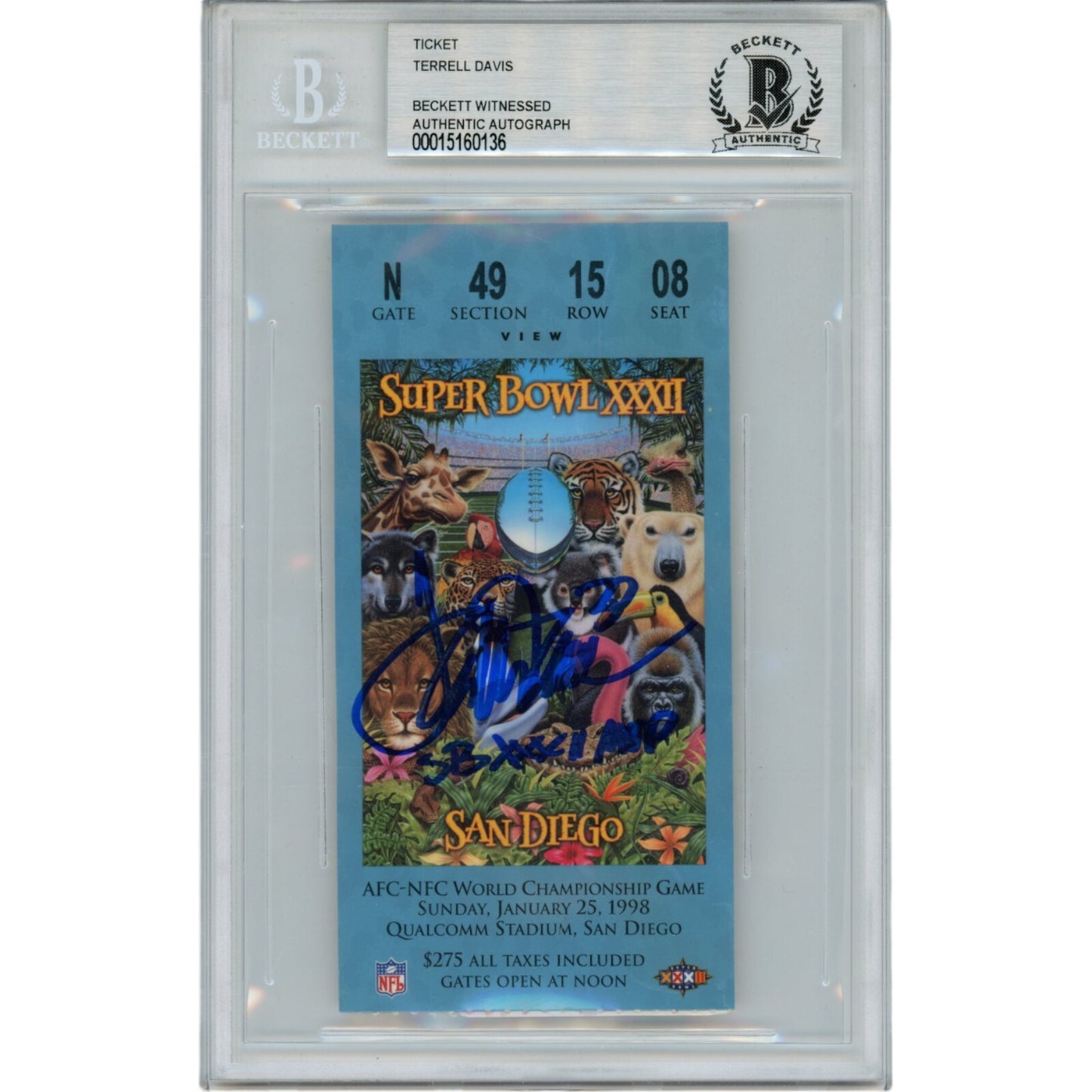 Terrell Davis Autographed Denver Broncos Super Bowl XXXII Ticket Stub