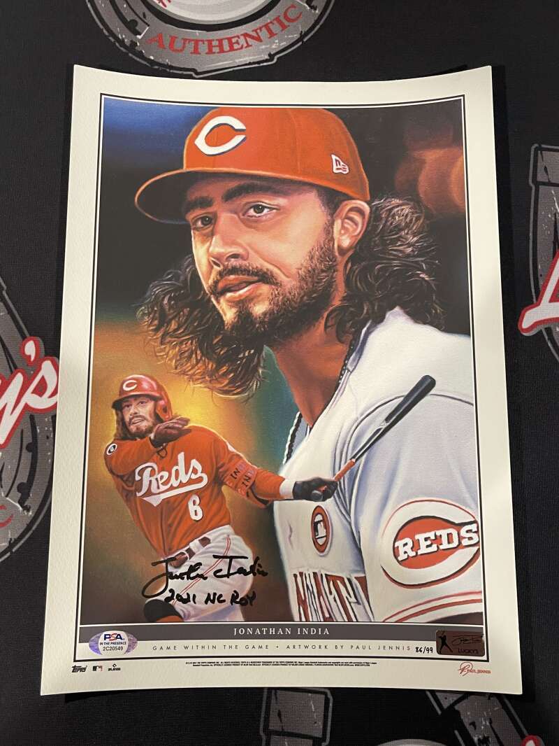 Jonathan India Signed 10x14 Topps Game within the Game Print /99 PSA