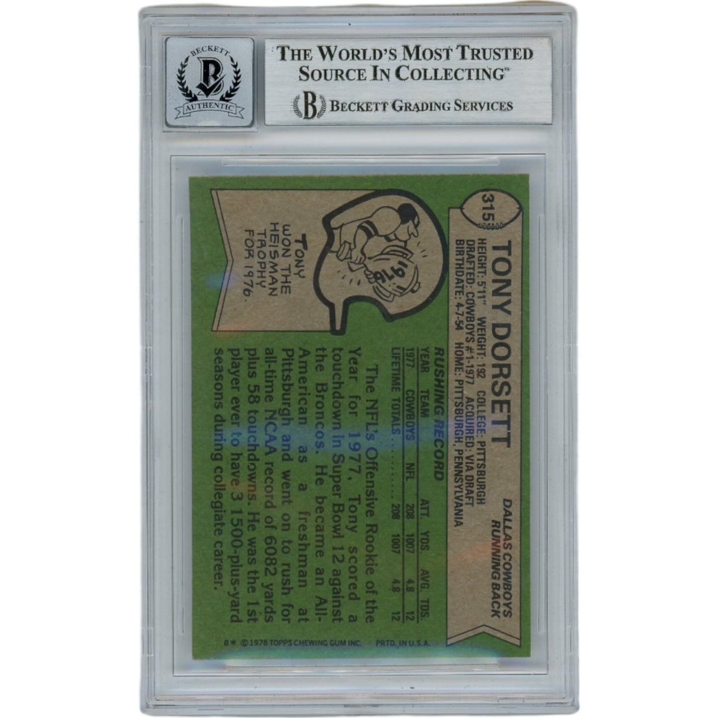Tony Dorsett Autographed 1978 Topps Card #315 (Beckett Grade 10)