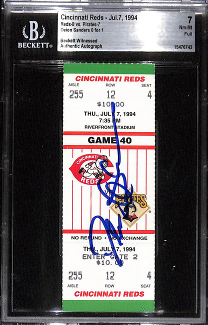 Deion Sanders Signed Cincinnati Reds Slabbed Ticket Stub - Beckett 7