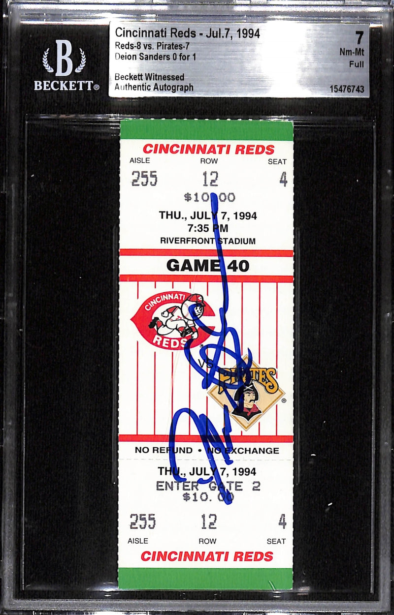 Deion Sanders Signed Cincinnati Reds Slabbed Ticket Stub - Beckett 7