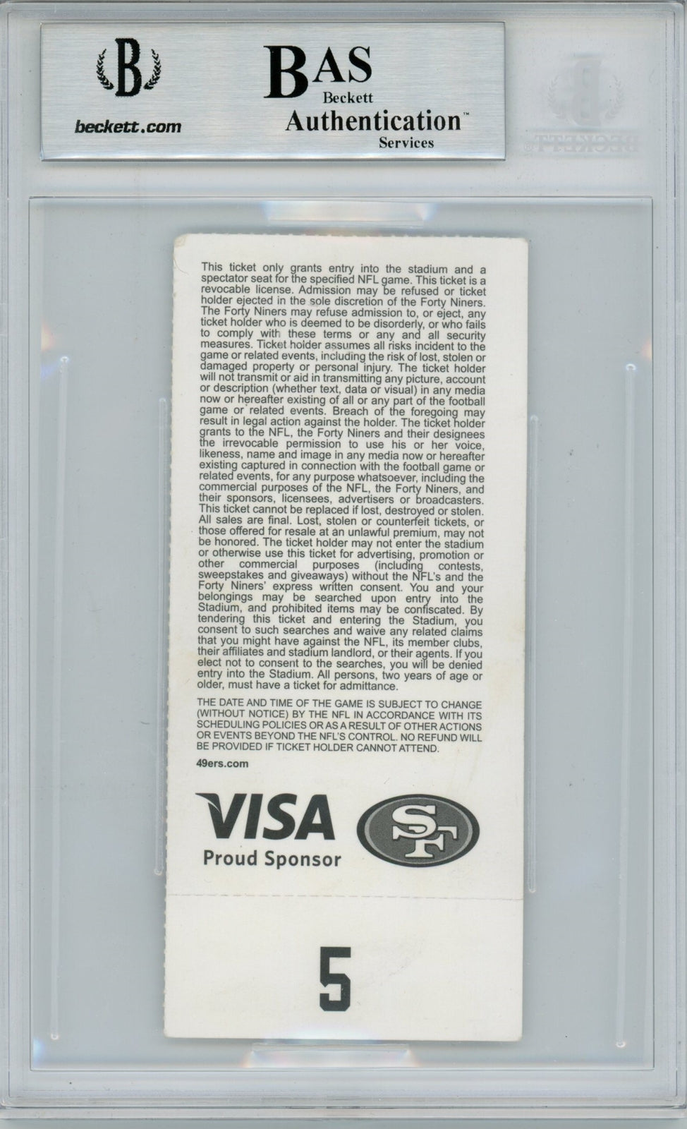 Ray Lewis Signed Baltimore Ravens Ticket 10/7/2007 BAS Slabbed