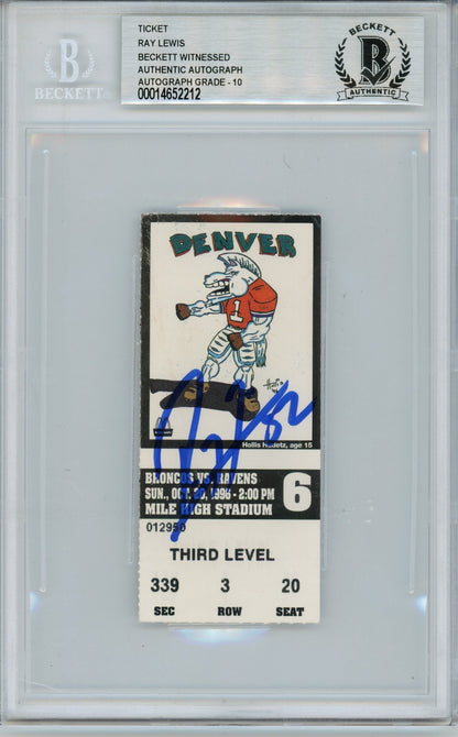Ray Lewis Signed Baltimore Ravens Ticket 10/20/96 vs Broncos BAS Slab