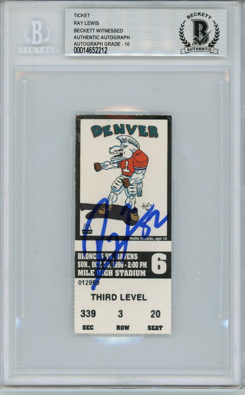 Ray Lewis Signed Baltimore Ravens Ticket 10/20/96 vs Broncos BAS Slab