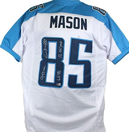 Derrick Mason Signed White Custom Jersey with 3 Career Inscriptions