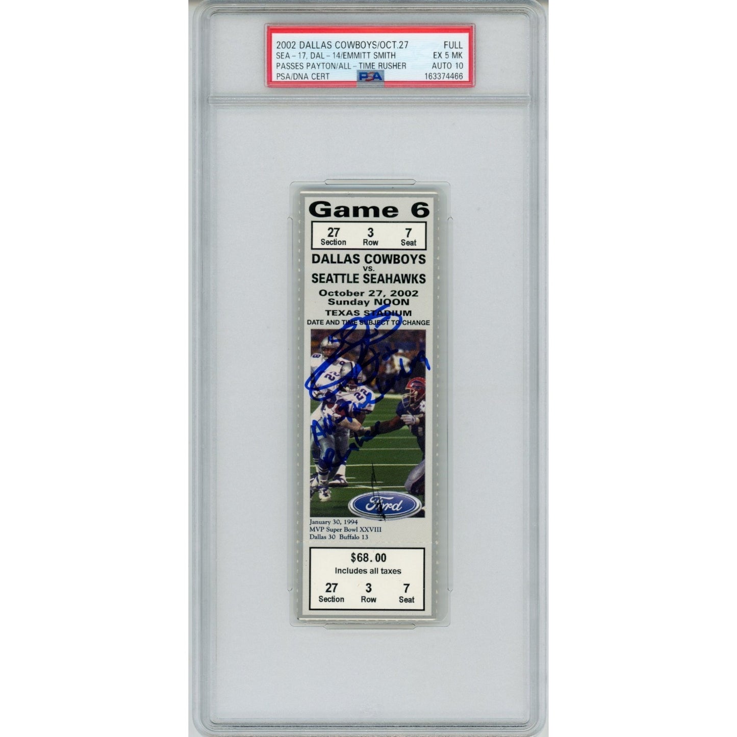 Emmitt Smith Signed Dallas Cowboys All Time Rushing Record Ticket PSA