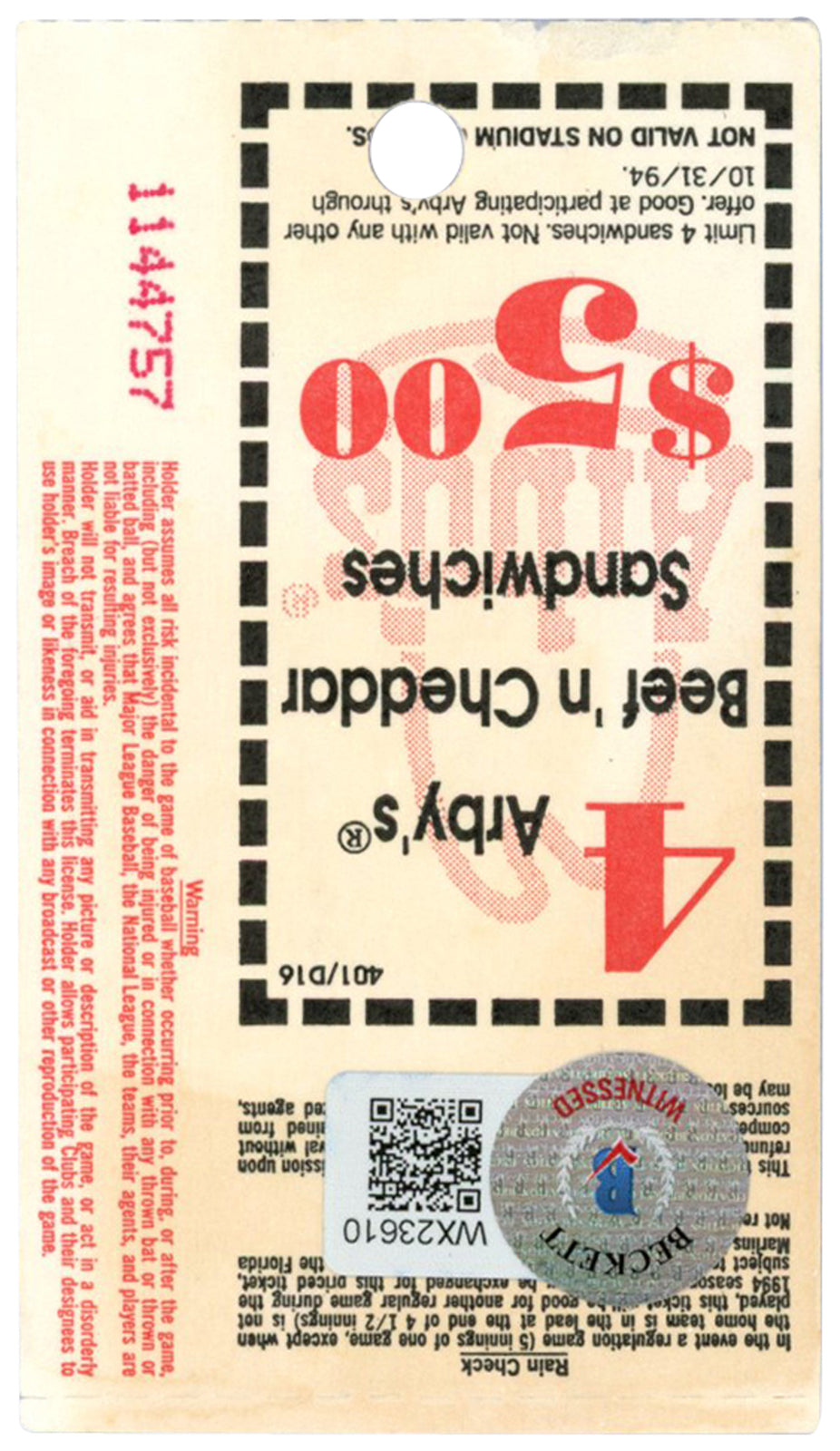 Deion Sanders Signed Cincinnati Reds 7/4/1994 vs Marlins Ticket BAS