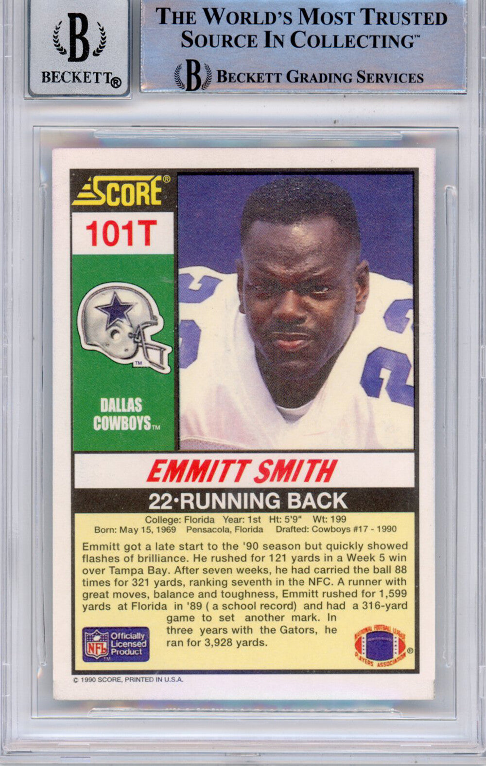 Emmitt Smith Signed 1990 Score Supplemental #101 Card BAS Slabbed Grade 10