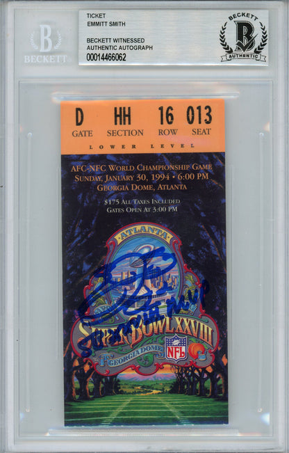 Emmitt Smith Autographed Super Bowl XXVIII Ticket Stub SB MVP Beckett Slab