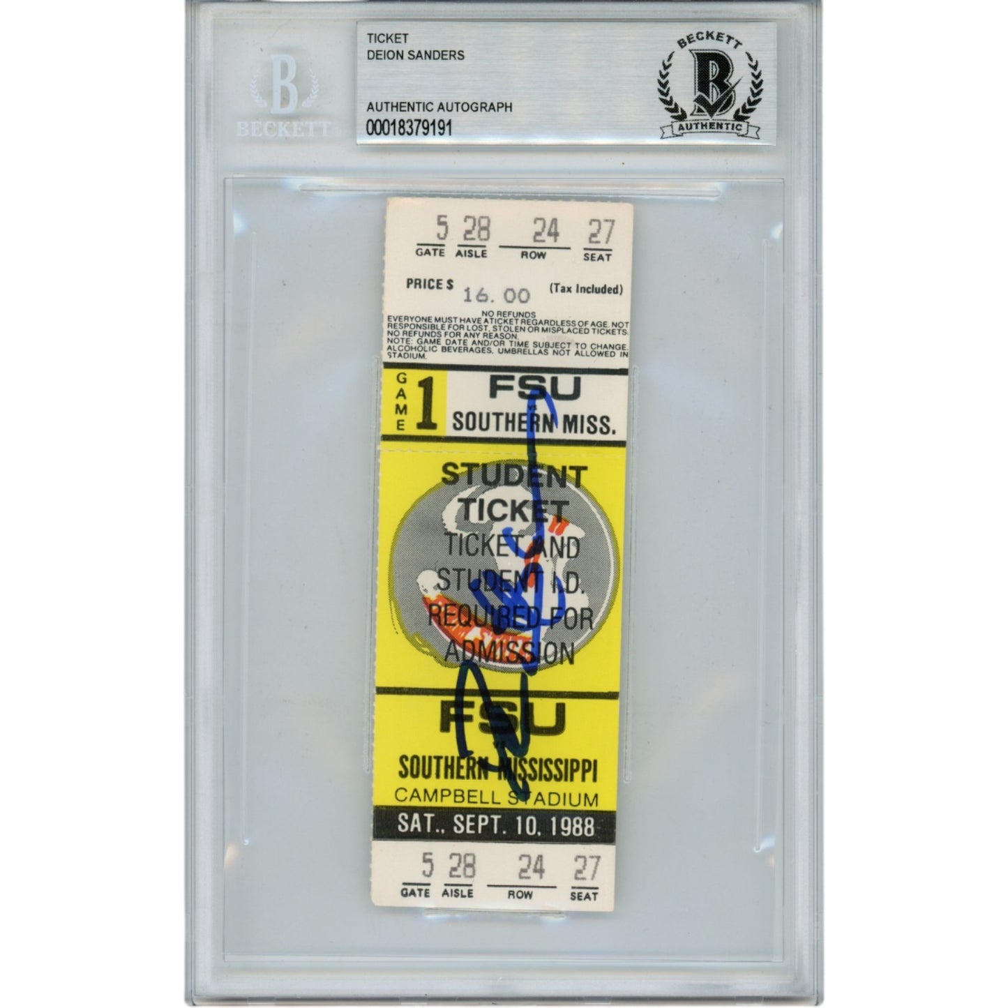 Deion Sanders Autographed Florida State Seminoles 1988 Slabbed Ticket