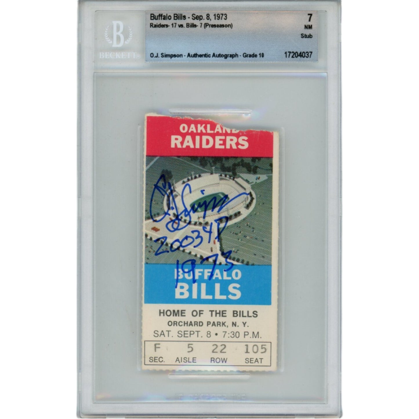 OJ Simpson Autographed Buffalo Bills 1973 Ticket Stub "2003 yds" BAS
