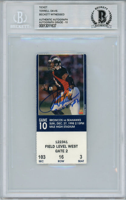 Terrell Davis Signed Denver Broncos 2008 Yard Game Ticket Stub BAS 10 Slab
