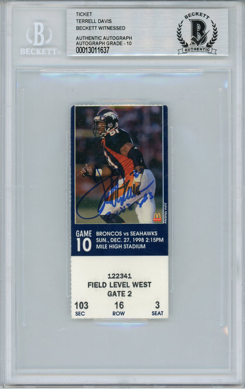 Terrell Davis Signed Denver Broncos 2008 Yard Game Ticket Stub BAS 10 Slab