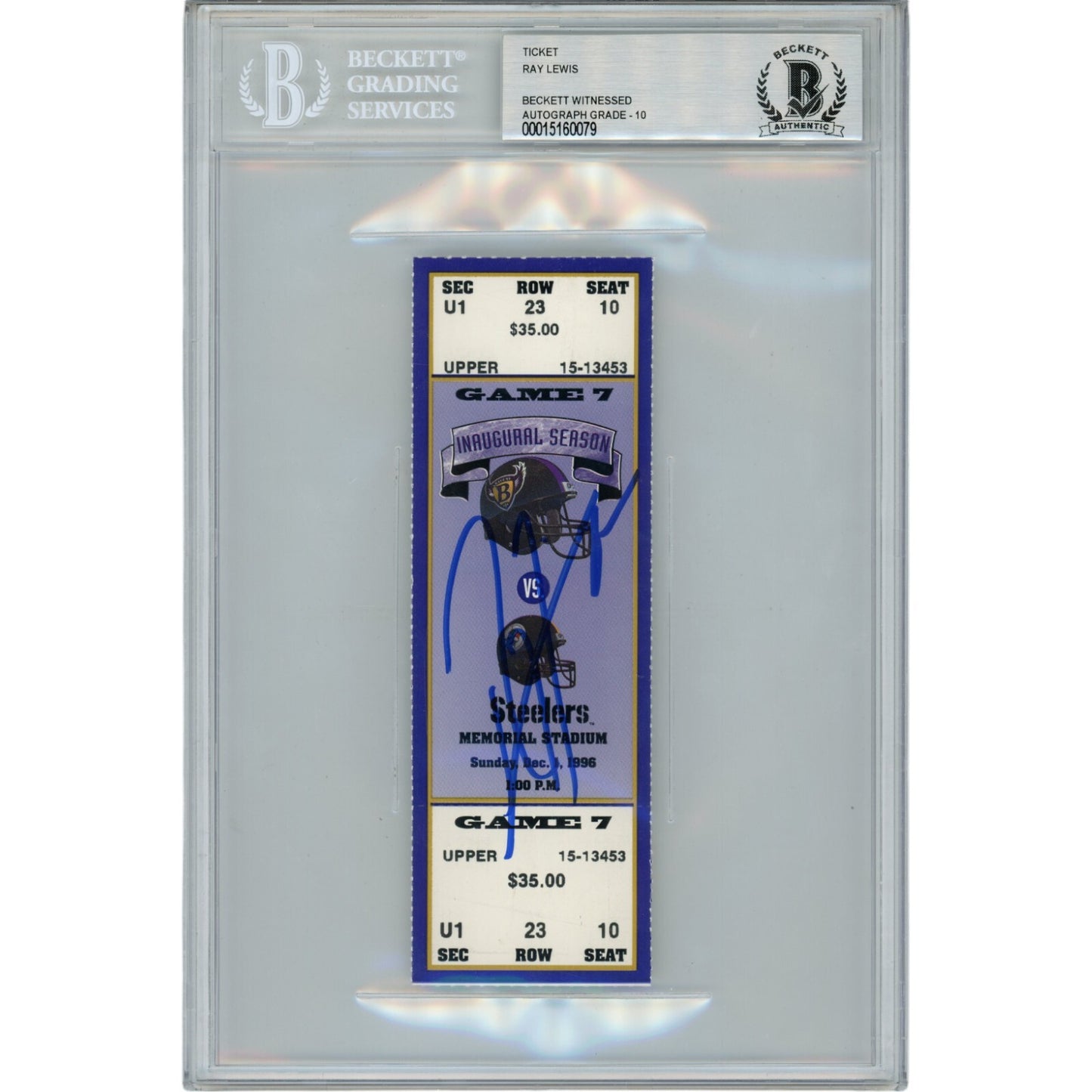 Ray Lewis Autographed Baltimore Ravens 12/01/96 Full Ticket Stub (Slabbed)