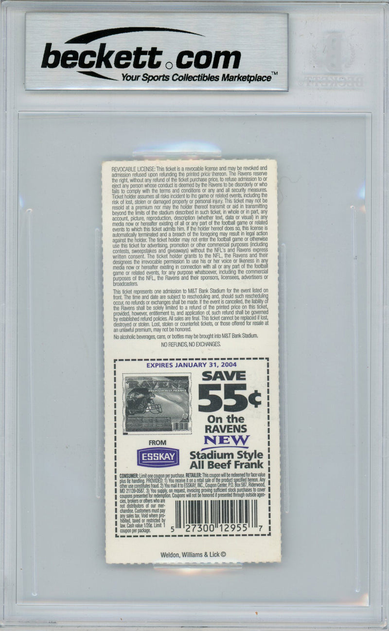 Ray Lewis Autographed 2003 Baltimore Ravens vs Jaguars Ticket Beckett Slab