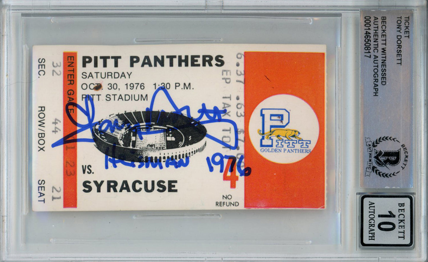 Tony Dorsett Signed 1976 vs Syracuse Ticket Stub BAS 10 Slab