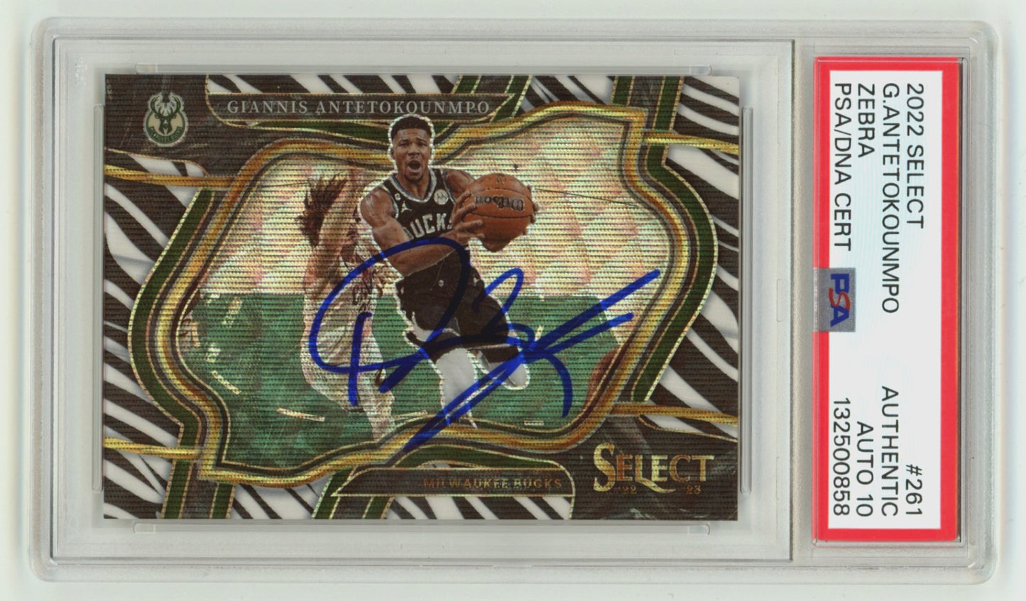 Giannis Antetokounmpo Signed 2022-23 Panini Select Zebra Prizm Card PSA 10