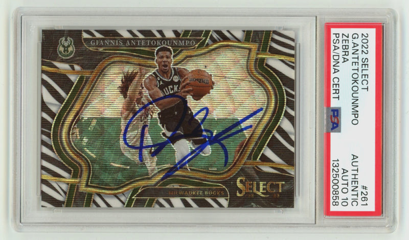 Giannis Antetokounmpo Signed 2022-23 Panini Select Zebra Prizm Card PSA 10