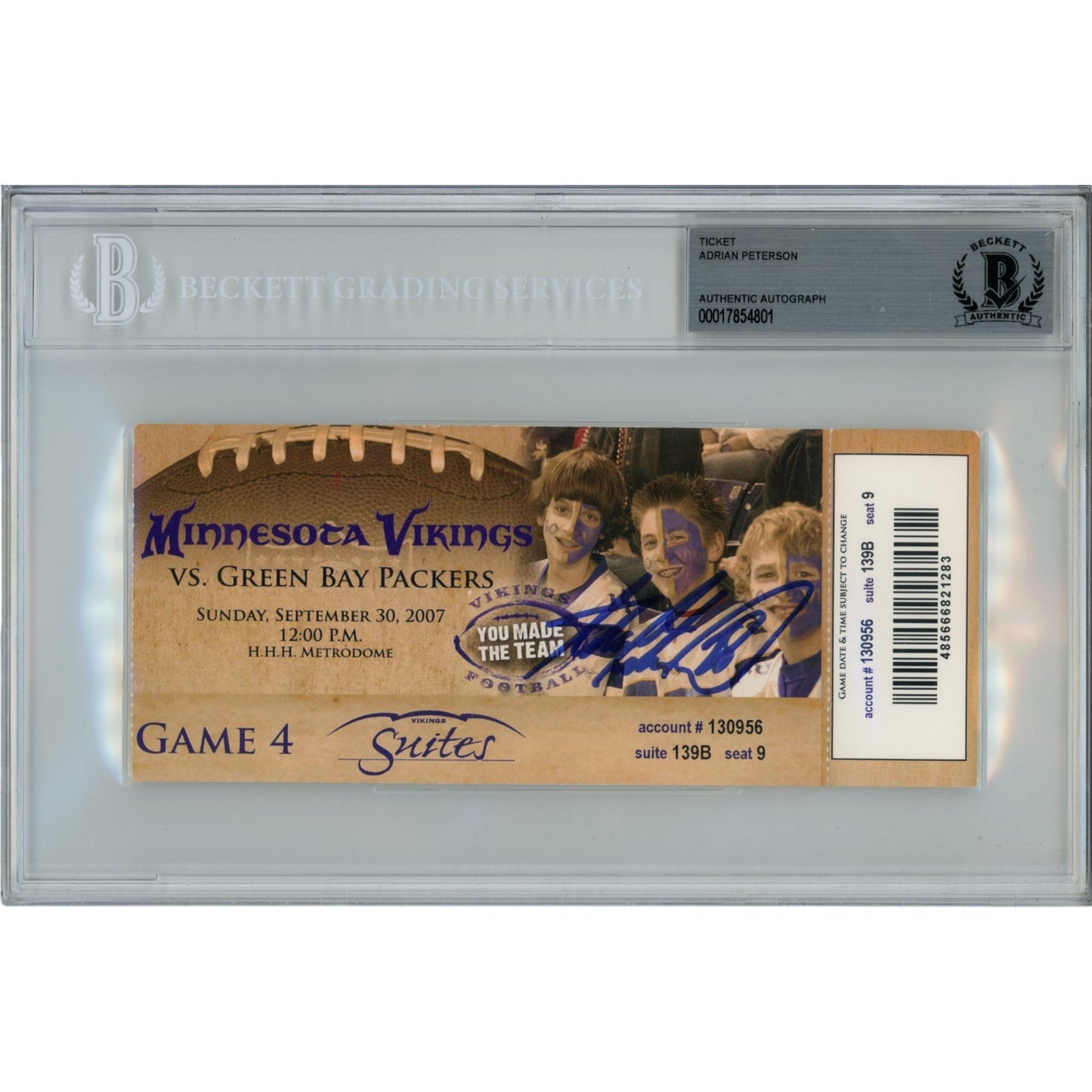 Adrian Peterson Autographed Minnesota Vikings Slabbed Ticket Stub