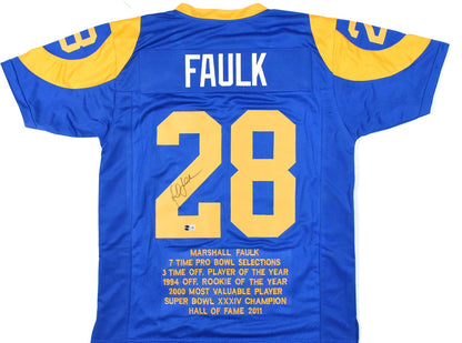 Marshall Faulk Autographed Los Angeles Rams Custom Blue Stat Jersey