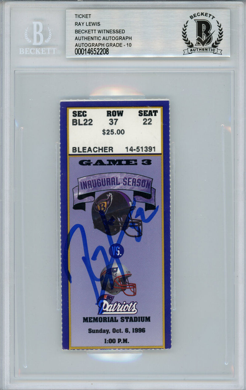 Ray Lewis Autographed 10/6/1996 Ravens vs Patriots Ticket Beckett Slab