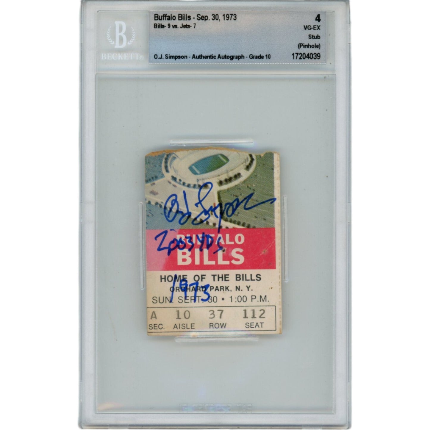 OJ Simpson Signed Buffalo Bills 1973 Ticket Stub "2003 yds" Inscribed BAS