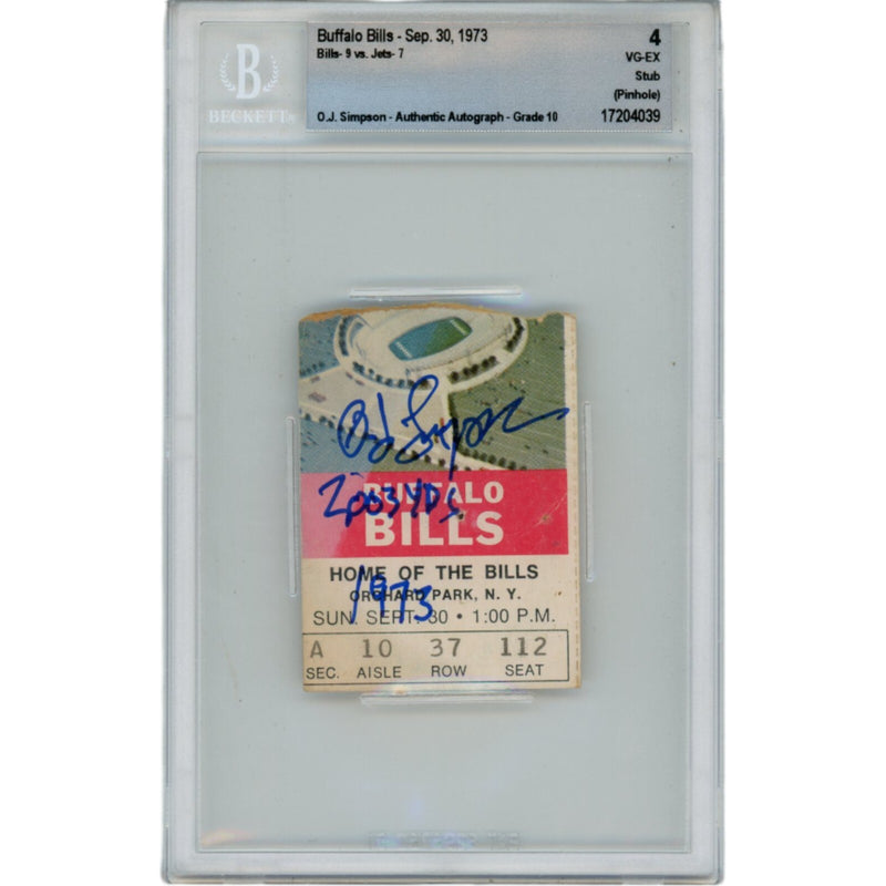 OJ Simpson Signed Buffalo Bills 1973 Ticket Stub "2003 yds" Inscribed BAS
