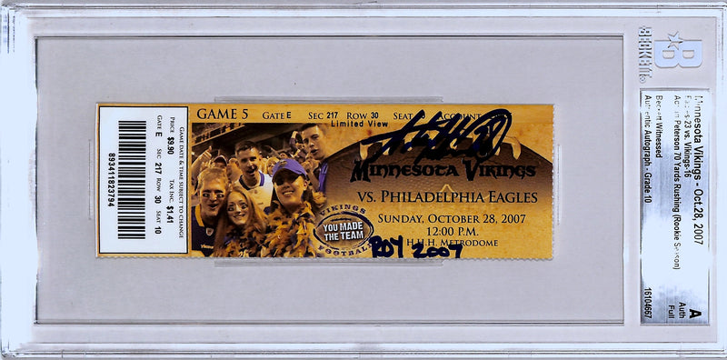 Adrian Peterson Signed Minnesota Vikings Ticket Stub ROY Beckett Slabbed