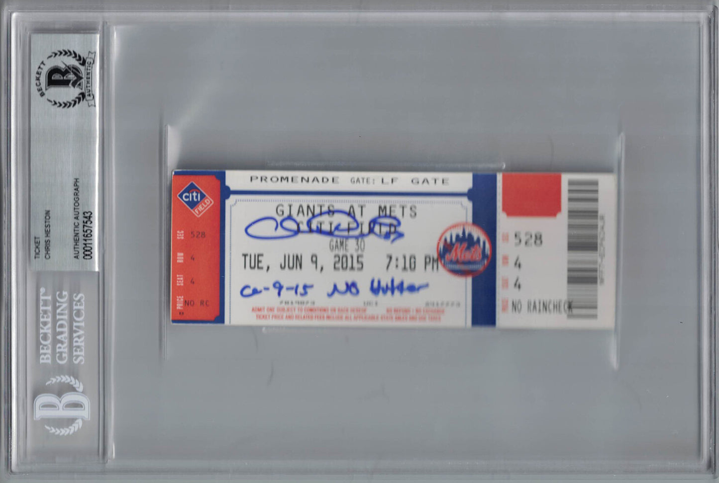 Chris Heston Signed San Francisco Giants No-Hitter Ticket - BAS Slabbed