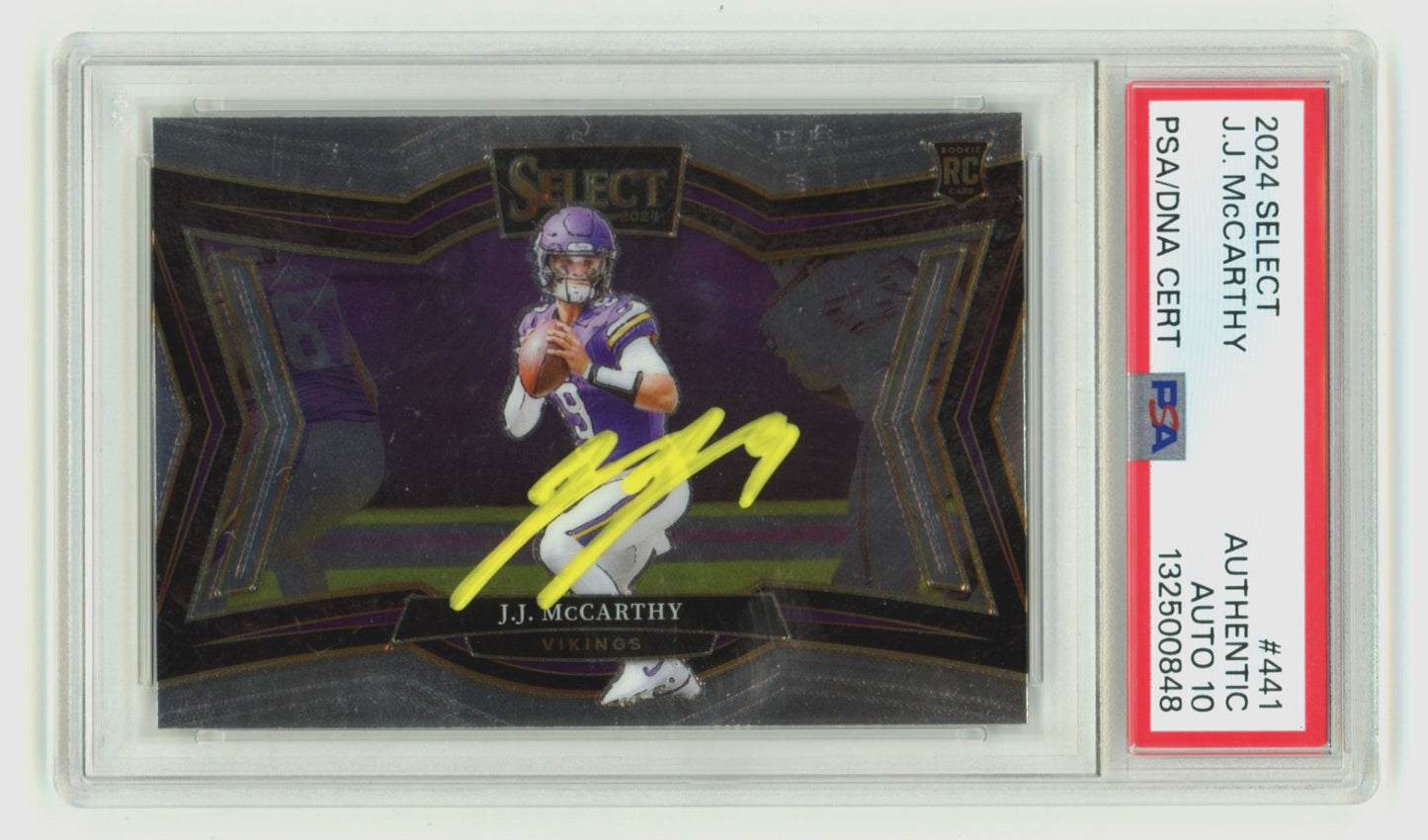 J.J. McCarthy Autographed 2024 Panini Select Field Level Rookie Card PSA 10