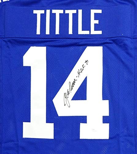 Y.A. Tittle Signed New York Giants Style Custom Blue Jersey HOF Inscribed