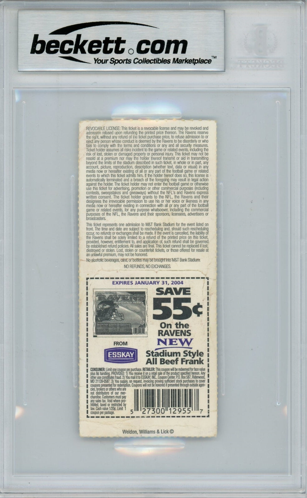 Ray Lewis Autographed Baltimore Ravens Ticket Stub (11/2/03) BAS Slabbed