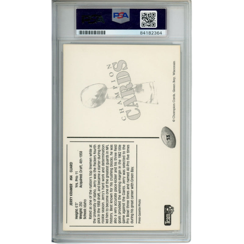 Jerry Kramer Autographed Green Bay Packers Postcard - PSA Slabbed