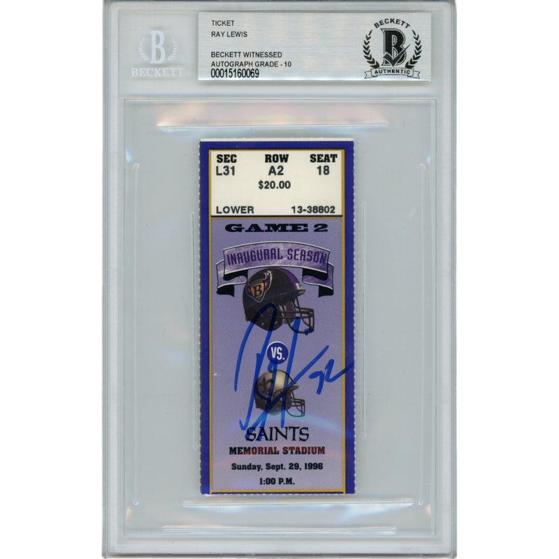 Ray Lewis Signed Baltimore Ravens Ticket Stub (Sept 29, 1996) - BAS Slabbed